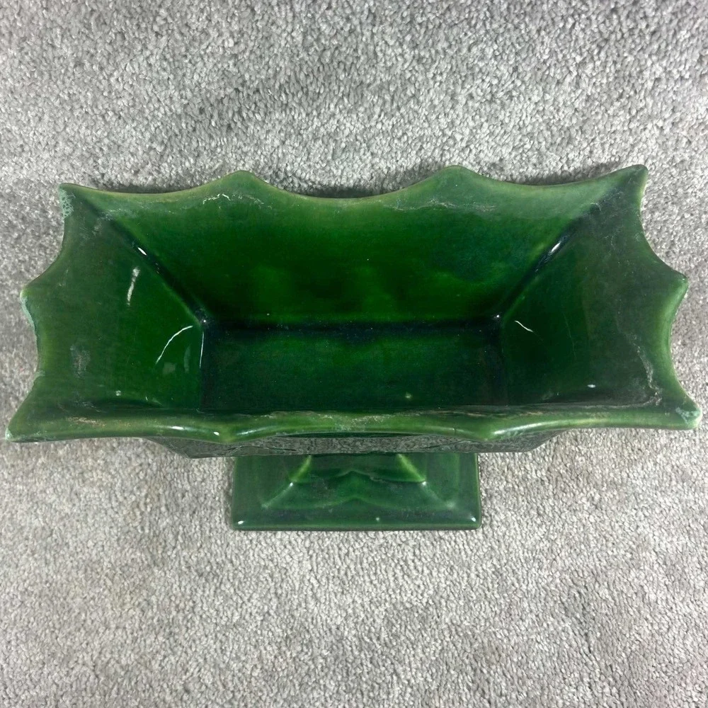 Pedestal Planter Green Scalloped Ceramic Centerpiece Bowl Vintage